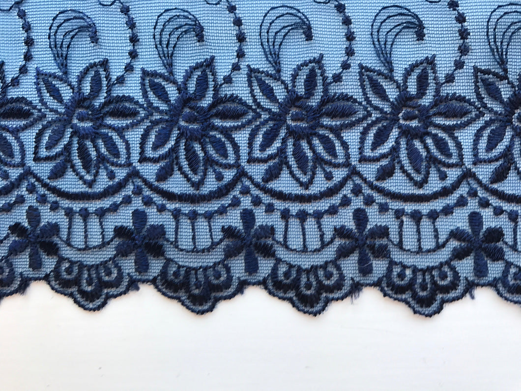 13.7 m Navy Blue Embroidered Voile Scalloped Lace 15 cm/6