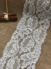 Ivory Alencon Bead, Sequin & Corded French Lace 12.5 cm. Sold per half meter