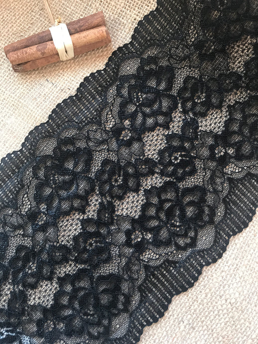 Black Soft Wide Floral Stretch Scalloped Lace Trim 17 cm/7