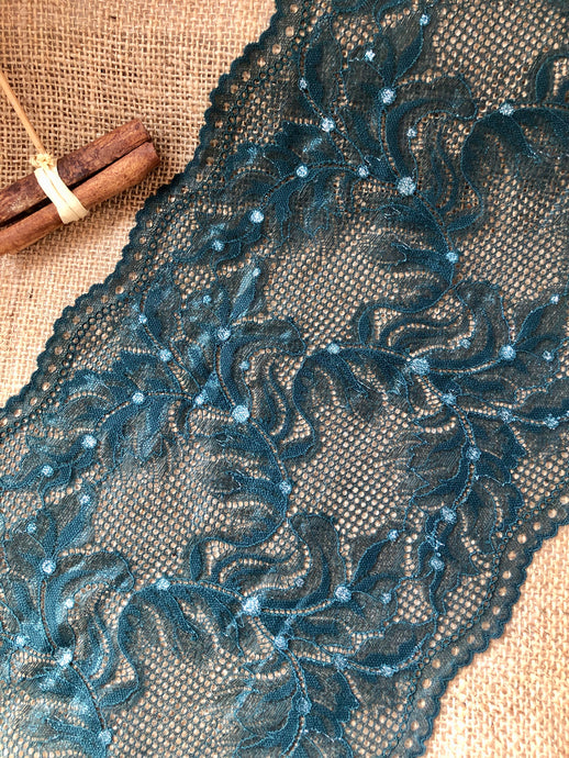 Quality Dark Green/Metallic Two-Tone Wide Soft Stretch Lace   23 cm/9