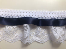 Pretty White/Navy Blue Gathered Lace (Three tier with satin ribbon) 9 cm/3.5"