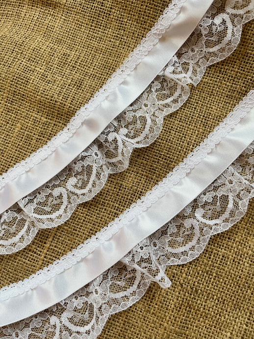 Pretty White Gathered Lace (Three tier with white satin ribbon) 8 cm/2.75”