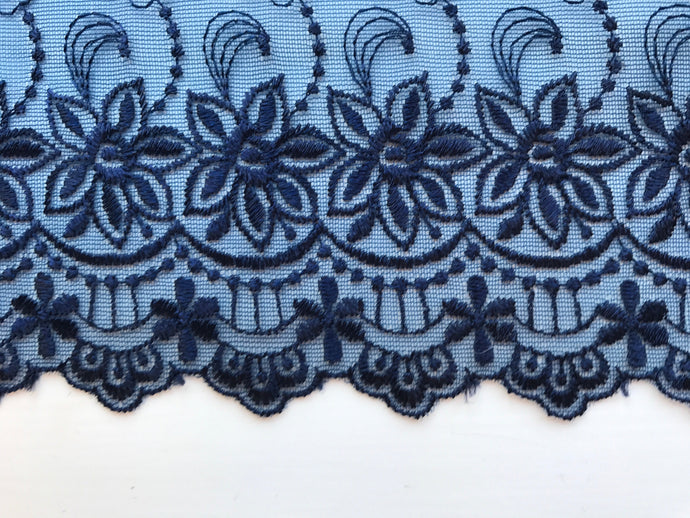 13.7 m Navy Blue Embroidered Voile Scalloped Lace 15 cm/6