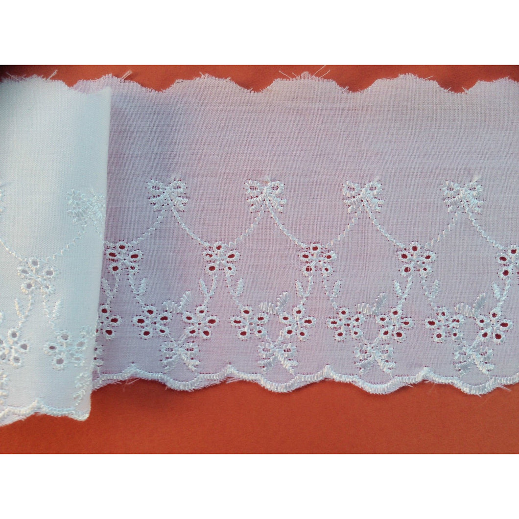 10 m White Fine Cotton Broderie Anglais Lace  8 cm/3