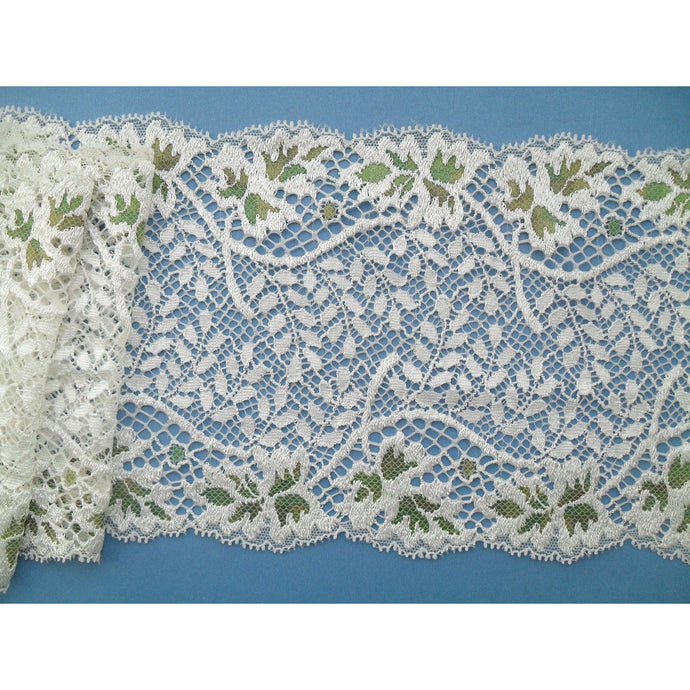 4 metres~Pretty Ivory/Olive Khaki Stretch French Lace 14 cm/5.5