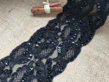 Black Alencon Bead, Sequin, Corded French Lace 11.5 cm