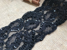 Black Alencon Bead, Sequin, Corded French Lace 11.5 cm