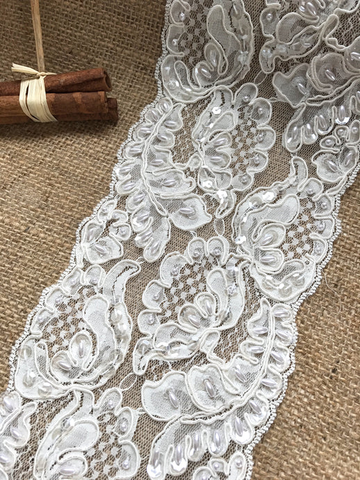 Ivory Alencon Bead, Sequin & Corded French Lace 12.5 cm. Sold per half meter