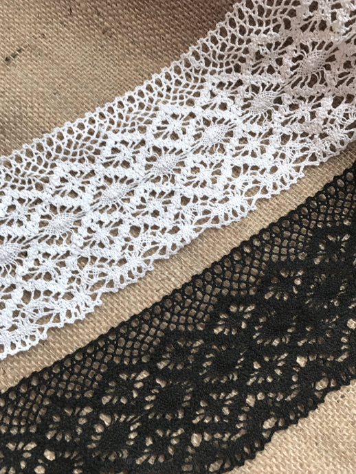 Premium Nottingham Cotton Crochet Cluny Lace  White & Black  11cm
