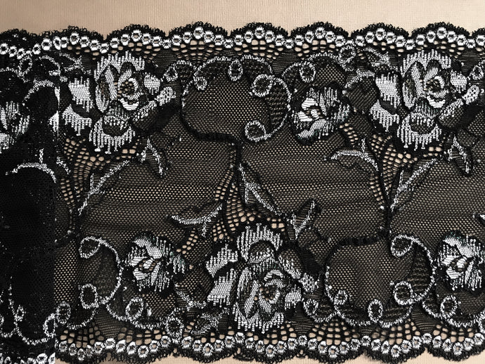 4 m Black &  Silver Stretch  Lace 16 cm/6.25