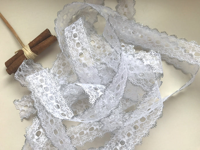 White/Silver Eyelet Knitting in Lace 35mm