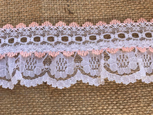 3.4 m Pretty White with Peach Gathered Lace (with ribbon slot) 6.5 cm/2.5"