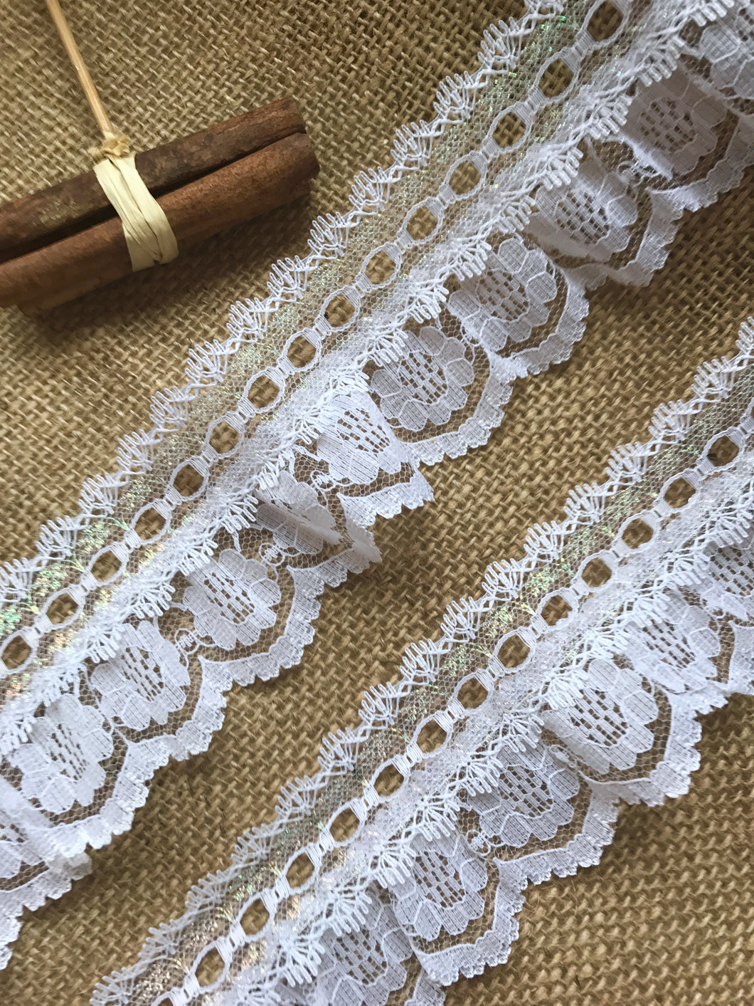 White & Iridescent Gathered Eyelet Lace  – The