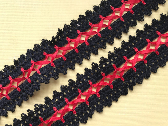 Black/Red Cotton Lace with ribbon Lacing  4.5 cm/1.75