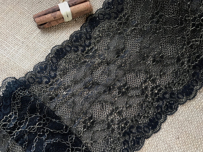 Wide Black/Gold Metallic Delicate Stretch Lace  18cm/7