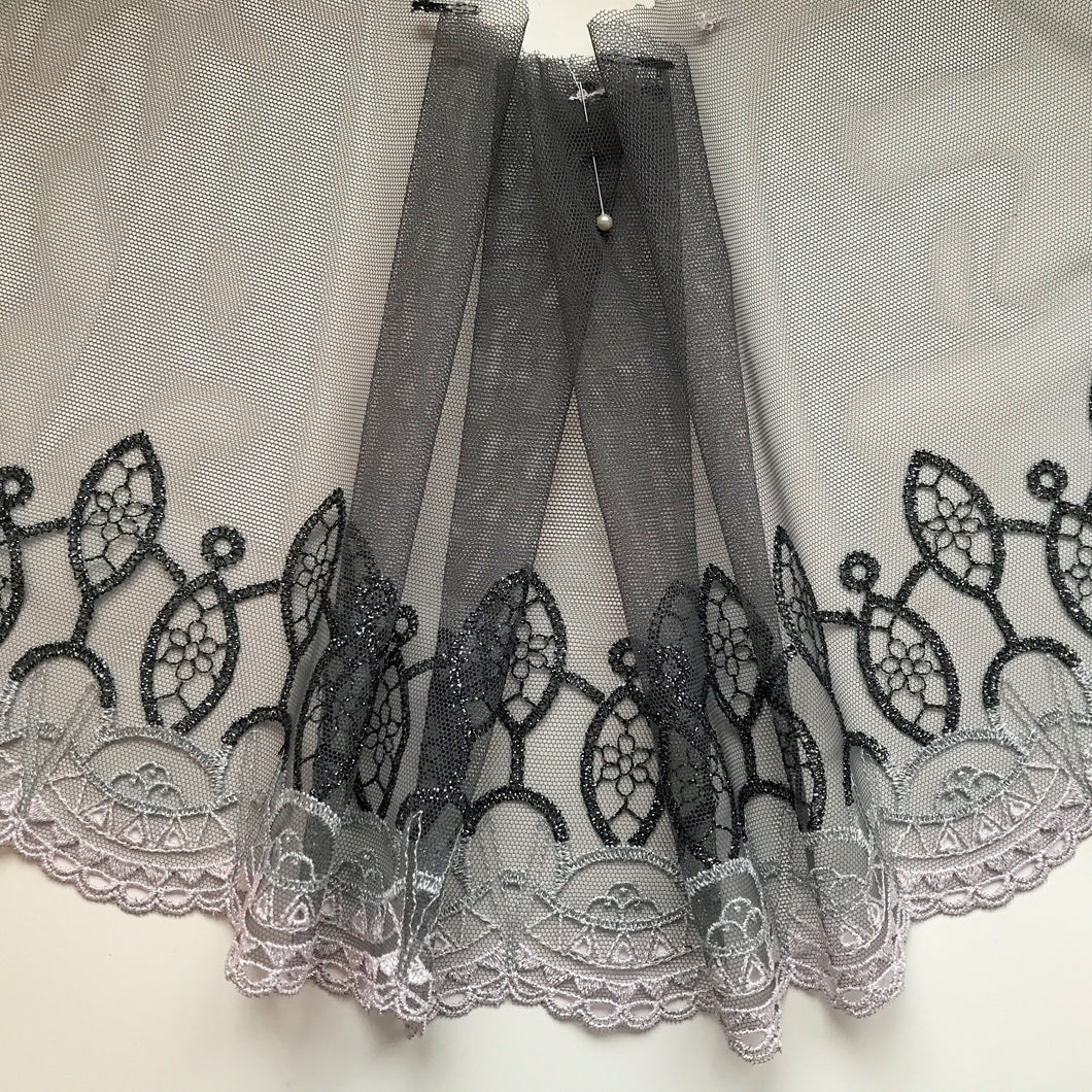 Grey, Black, Champagne, Gold Metallic Embroidered Tulle Lace 24 cm/9.5