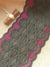 Black Pink Ombre Metallic Stretch Lace Trim 16 cm/6.5"