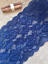 Mid Navy Blue Soft Wide Floral Stretch Scalloped Lace Trim 17 cm/7"