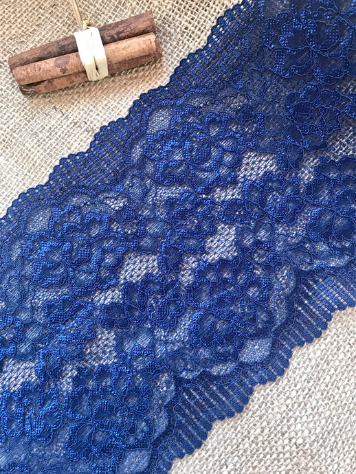 Mid Navy Blue Soft Wide Floral Stretch Scalloped Lace Trim 17 cm/7