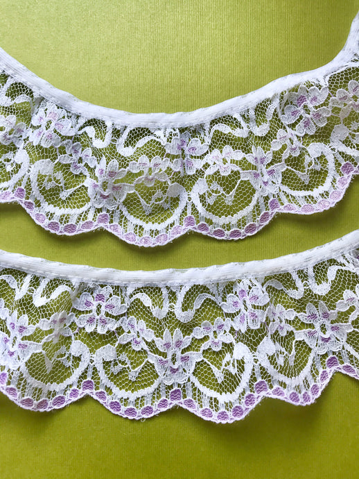 Quality Nottingham Frilled/Gathered Lace. White/Lilac 6.5 cm/2.5