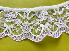 Quality Nottingham Frilled/Gathered Lace. White/Lilac 6.5 cm/2.5"