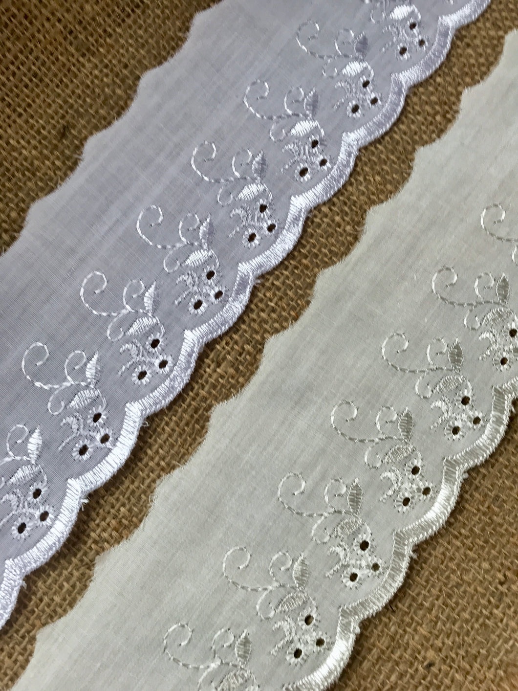 Broderie Anglaise, White Cream Black Trim 3 inch www.thelaceco.co