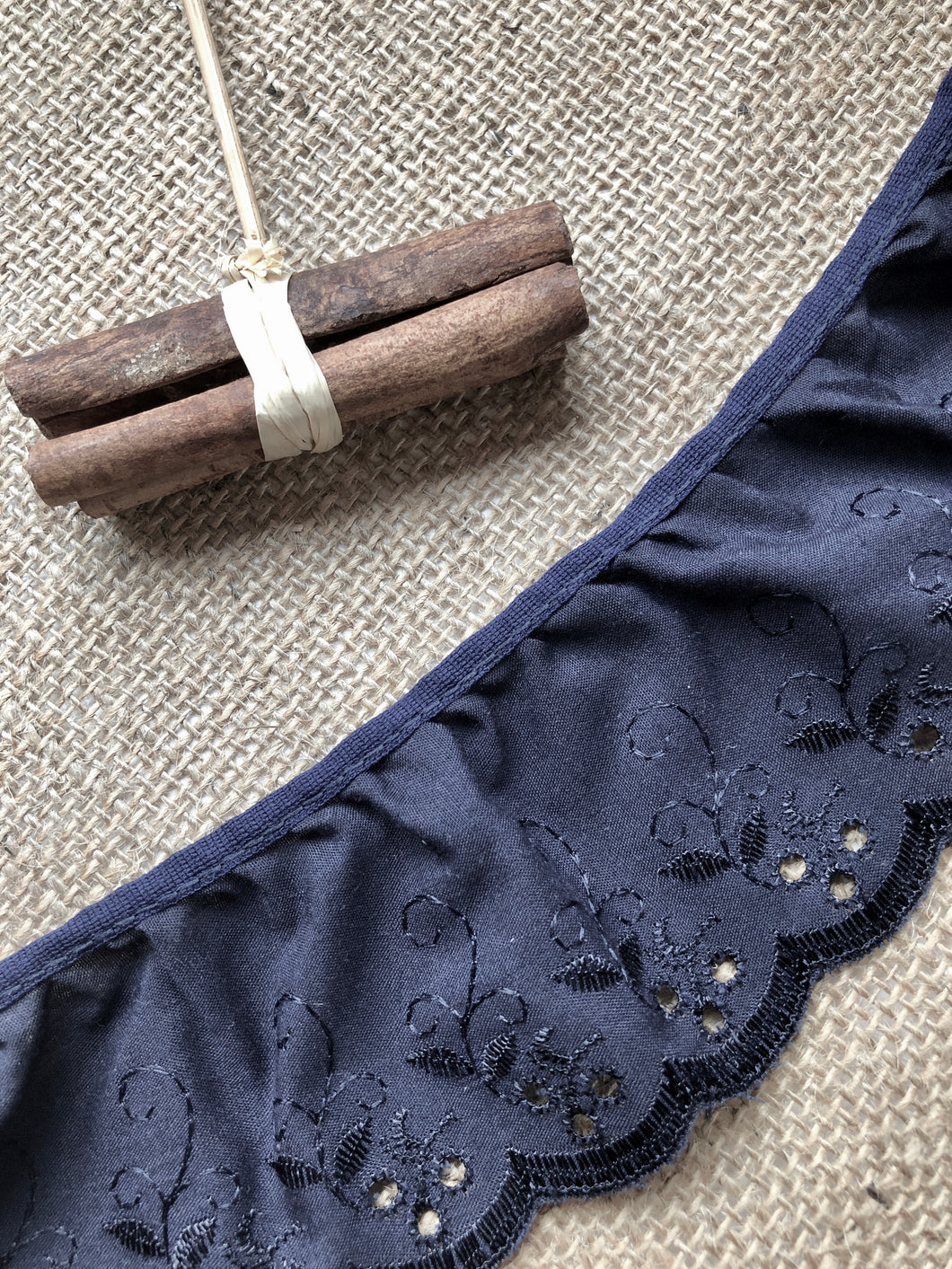 Navy Blue Cotton Broderie Anglaise Gathered Lace 3