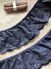 Navy Blue Cotton Broderie Anglaise Gathered Lace 3"