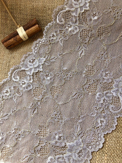 Delicate Taupe Beige Skintone/Gold Two-Tone Wide Soft Stretch Lace   23 cm/9