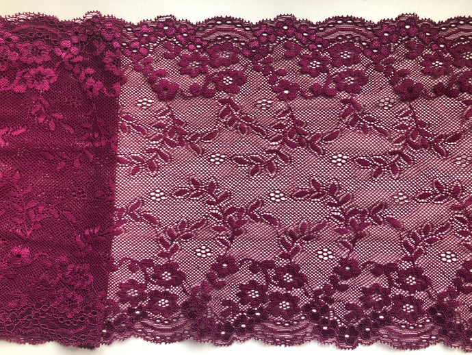 Burgundy Wide Quality Stretch Scalloped Lace   22 cm/8.75