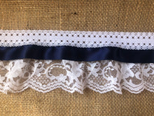 Pretty White/Navy Blue Gathered Lace (Three tier with satin ribbon) 9 cm/3.5"