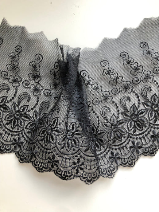 Black Embroidered Voile Scalloped Lace 15 cm/6
