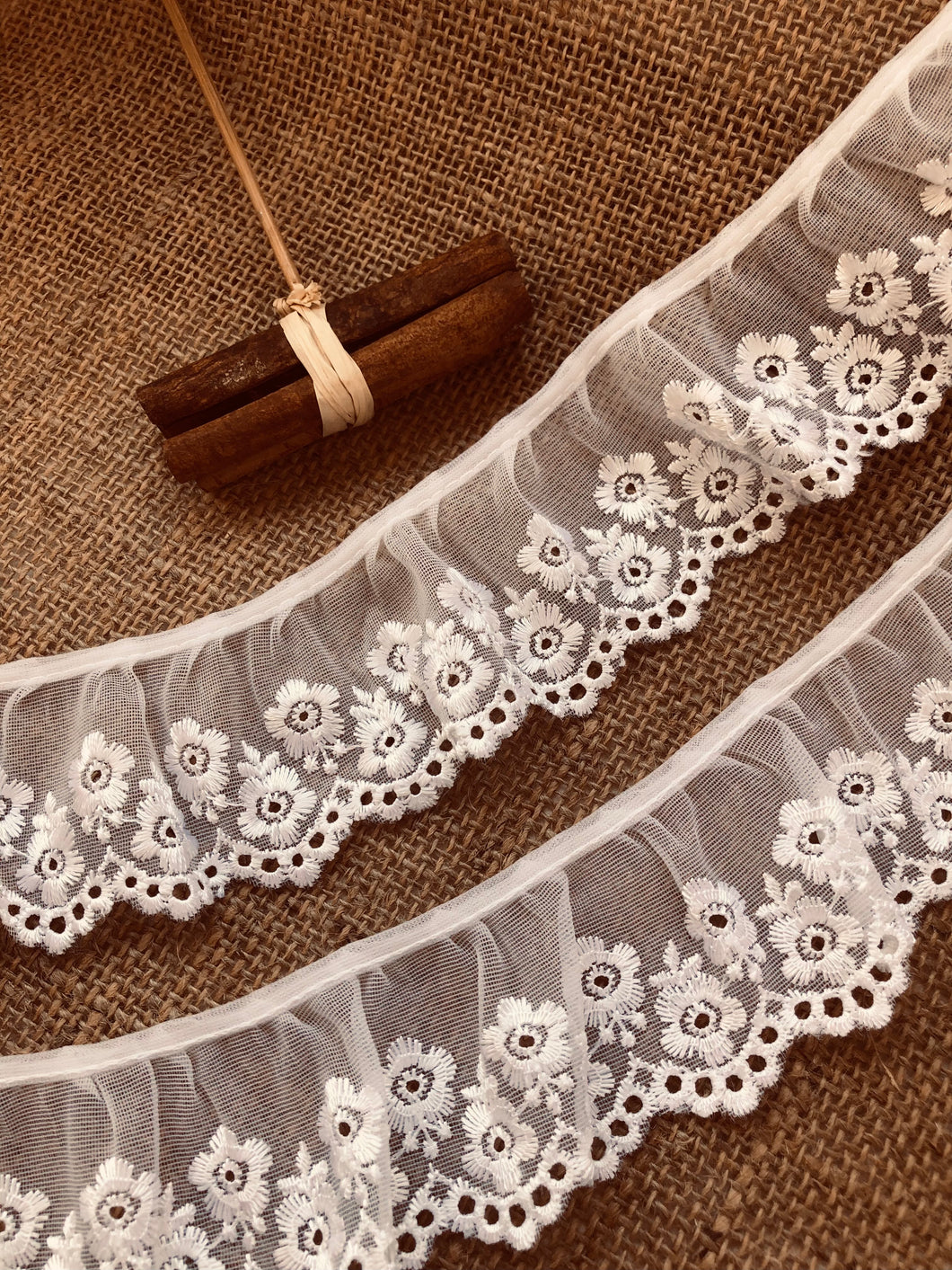 Ivory Voile Broderie Anglaise Embroidered Gathered Lace 5.5cm/2.25