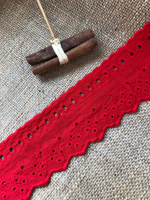 3 m Red Cotton Broderie Anglaise Batik Lace Trim  7 cm/2.5