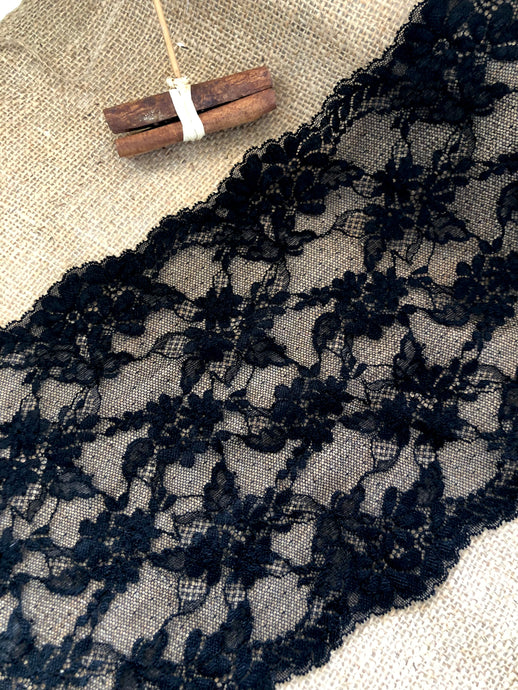 Quality Black Extra  Wide Soft Stretch Scalloped Lace   20 cm/8