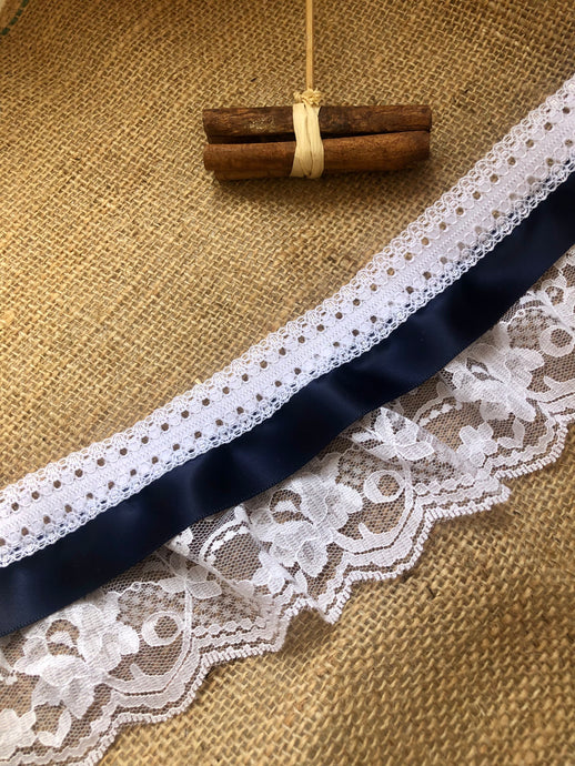 Pretty White/Navy Blue Gathered Lace (Three tier with satin ribbon) 9 cm/3.5